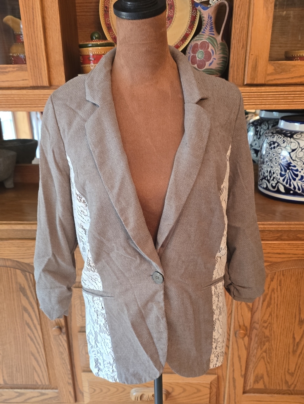 Vanity Taupe Blazer with White Lace Side Insets